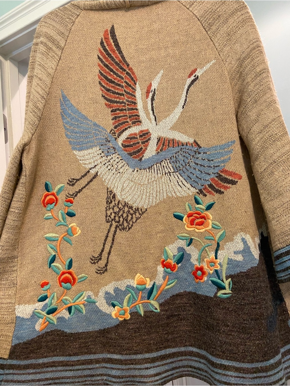 Anthropologie Beige Embroidered Crane Open-Front Wool Blend Sweater Cardigan - Picture 7 of 14
